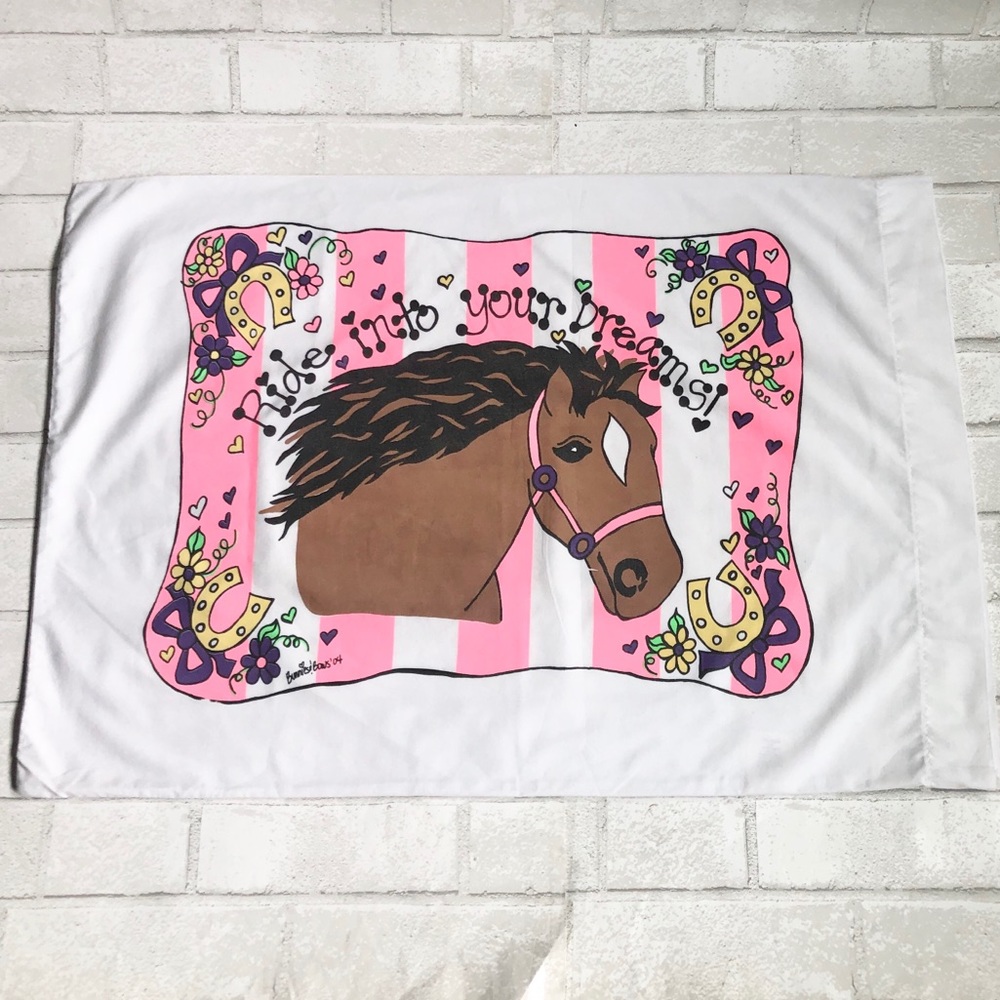 Vintage Y2K Bunnies & Bows Horse pillowcase “Ride into your Dreams” pink stripes